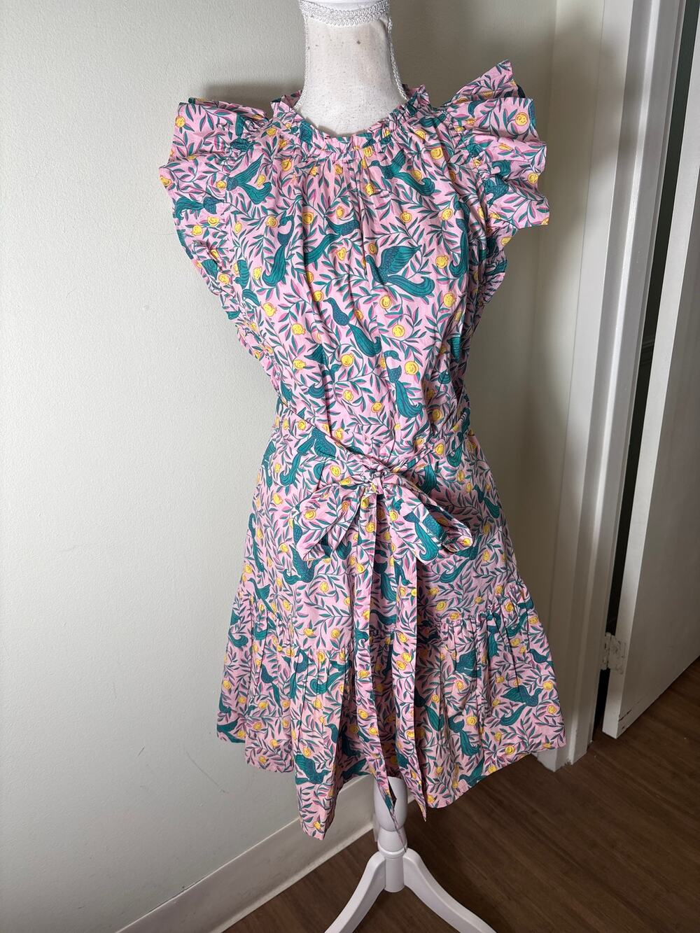 Banjanan Pink and Green Bird Midi Dress Sz M